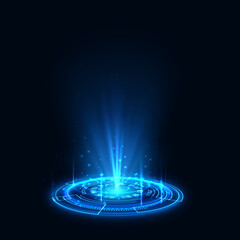 Poster - Neon teleportation portal, light aura and hologram. Vector illustration of light aura and glowing hologram on black background. Futuristic lighting and bright wrap, teleport sign