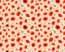 Seamless Floral Pattern Of Red Poppy Flowers, Leaves Buds And Petals On Beige Background Top View Flat Lay