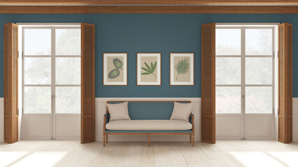 Living room background, sitting waiting room in white and blue tones. Two panoramic windows with wooden shutters and beam ceiling, vintage sofa. Parquet, interior design