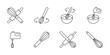 Whisk doodle illustration including icons - rolling pin, mixer, bowl. Thin line art about dough. Editable Stroke