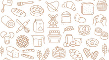 Bakery Products Doodle Beige Seamless Pattern. Vector Background Included Line Icons As - Pretzel, Croissant, Bagel, Donut, Challah, Baguette, Cinnamon Roll. Wallpaper For Bread And Confectionery