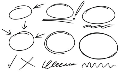 highlight oval frames, marker arrows, underlines lines. hand drawn scribble doodle circle set. ovals
