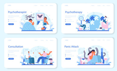  Psychotherapist web banner or landing page set. Mental health diagnostic