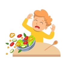 Picky Children Refusing Healthy Food Cartoon Vector Illustration. Naughty Kid Rejecting Vegetables, Crying, Dreaming Of Burgers, Sitting At Tables