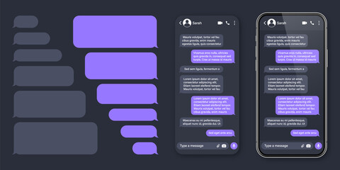 Realistic smartphone with messaging app. SMS text frame. Conversation chat screen with violet message bubbles and placeholder text. Social media application. Vector illustration.