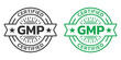 GMP certified icon or logo. Good manufacturing practice stamp or seal design. Quality standard label. Vector illustration.