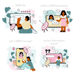 Wall Mural - SMM manager online service or platform set. Social media marketing