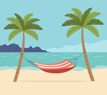 Hammock Between Palm Trees. Beach Scene. Vector Flat Illustration