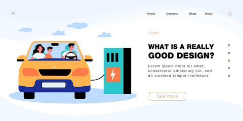 Happy family charging electric car at station with charger. Woman, man and child sitting inside vehicle flat vector illustration. Ecology concept for banner, website design or landing web page