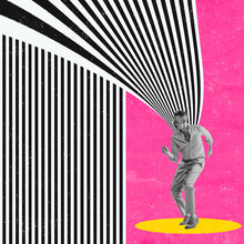 Contemporary Art Collage. Dancing Man With Optical Illusion Design As Background. Funny Dance In Retro Style, Artwork, Emotions.