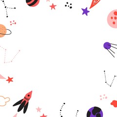 Vector frame background with cute stars, planets and spaceships. Concept for advertising, invitations, poster prints. 