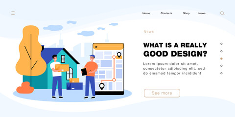 Poster - Express address shipping of parcels by courier. Man sending boxes by mail along route on phone map flat vector illustration. Delivery service concept for banner, website design or landing web page