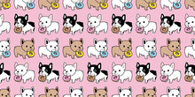 Dog Seamless Pattern French Bulldog Donut Eating Food Vector Pet Puppy Breed Cartoon Scarf Isolated Tile Background Repeat Wallpaper Wrapping Paper Doodle Illustration Pink Design