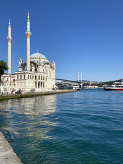 ISTANBUL, TURKEY: Ortakoy Mosque in Besiktas, Istanbul, Turkey, is situated at the waterside of the Ortakoy pier square, one of the most popular locations on the Bosphorus.