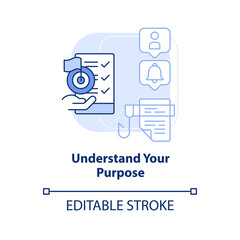 Understand purpose light blue concept icon. Tip for designing website abstract idea thin line illustration. Identify topic. Isolated outline drawing. Editable stroke. Arial, Myriad Pro-Bold fonts used