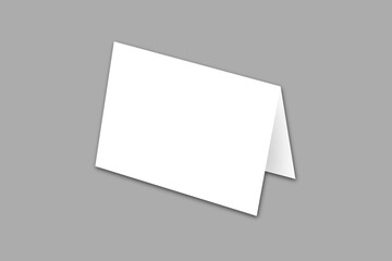 Wall Mural - Blank white folded paper mockup, on grey background. Menu table promotion stand, 3D render, realistic brochure and flyer display, template for branding, advertising, marketing, product presentation.