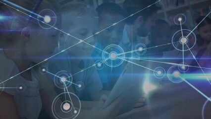 Poster - Animation of network of connections and purple lines over diverse schoolchildren and teacher