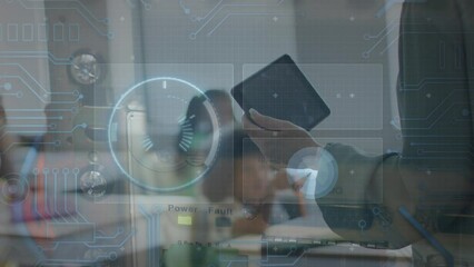 Poster - Animation of data processing and computer circuit board over diverse schoolchildren and teacher
