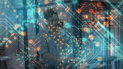 Poster - Animation of computer circuit board over caucasian businessman in office