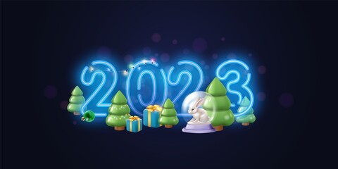 Wall Mural - Horizontal New Year and Christmas banner 2023 neon. Realistic 3D elements, a Christmas ball with a rabbit, Christmas trees, gifts.Neon lampshade. Holiday banner, web poster, vector illustration