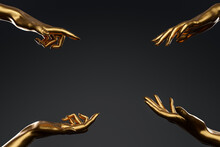4 Golden Hands Pointing On Blank Space Over Black Background. Perfect Background For Your Cosmetics, Fashion Product Or Jewelry. 3D Rendering