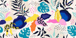 © Liliya - Modern seamless pattern with exotic leaves and hand drawn details.Abstract background with tropical plants for paper, wallpaper, cover, fabric and other users. Vector illustration