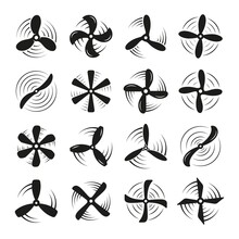 Airplane Propellers And Motor Blades. Flat Rotating Propeller, Cooling Fan Elements. Motors Rotated, Plane Or Electric Boat Turbine Tidy Vector Icons Set