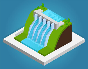 Hydroelectric power station with power lines. Clean energy and electricity concept. Water energy conversion, alternative hydroelectric, hydro turbine. Water power conversion station, dam on reservoir