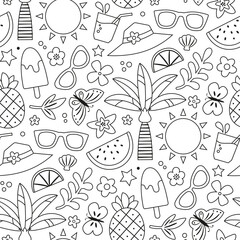 Summer black and white background, seamless vector pattern, texture, drawing, wallpaper, doodle. Palm trees, sun, fruit, popsicle, butterfly, flowers, drink