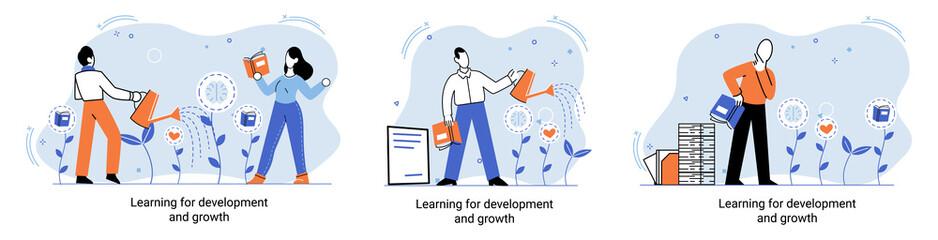 Learning development and growth. Self-learning metaphor, online emoloyee education distance e-learning. Skill improvement. Self development program way to success. Goal achieving professional training