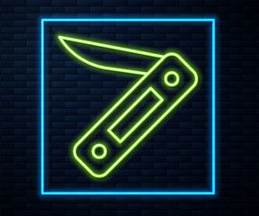 Poster - Glowing neon line Swiss army knife icon isolated on brick wall background. Multi-tool, multipurpose penknife. Multifunctional tool. Vector