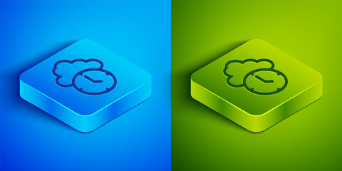 Sticker - Isometric line Clock icon isolated on blue and green background. Time symbol. Square button. Vector