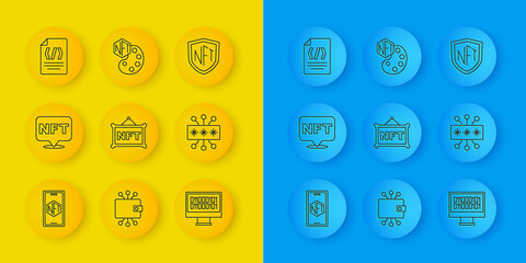 Set line Mobile with art store app, NFT Digital crypto, Binary code, Cyber security, shield and icon. Vector
