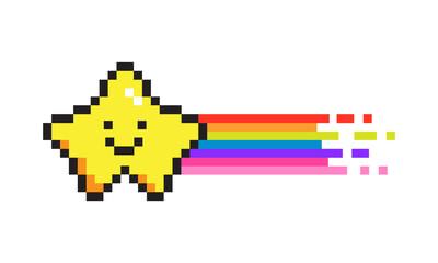 Fototapete - Vector illustration of cute pixel art star and rainbow icon. Geek element in the style of 90s game. Old school graphic clipart