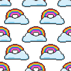 Fototapete - Seamless vector pattern with cute pixel rainbow and cloud. Background with colorful geek element in the style of 90s game. Old school graphic texture