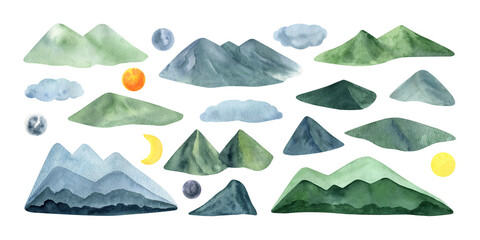 Hand drawn watercolor summer blue and green mountains with sun and clouds