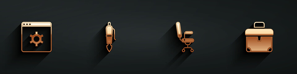 Poster - Set Browser setting, Fountain pen nib, Office chair and Briefcase icon with long shadow. Vector