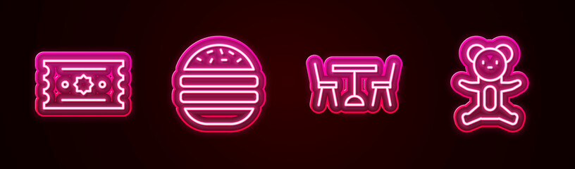 Poster - Set line Ticket, Burger, Picnic table with chairs and Teddy bear plush toy. Glowing neon icon. Vector