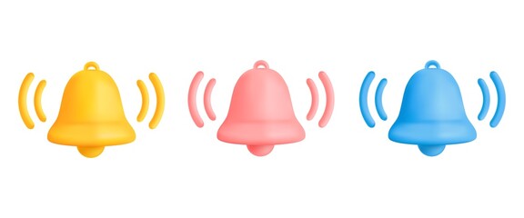 Realistic notice bell. Floating 3d alarm clock bells sound notification, isolated reminder icon contact new message, render sign interface event subscribe, tidy vector illustration
