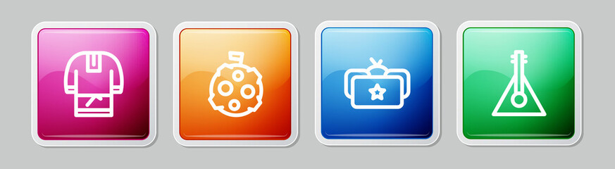 Sticker - Set line Kosovorotka, Moon with flag, Ushanka and Balalaika. Colorful square button. Vector