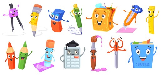 Mascot school supplies. Funny cartoon stationery characters, emoticon stuffs cute comic objects kids face eraser scissors book calculator pencil backpack, neat vector illustration