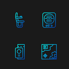 Poster - Set line World travel map, Passport with ticket, Airplane seat and Attitude indicator. Gradient color icons. Vector