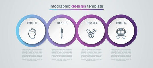 Poster - Set line Human brain, Pen, Medal and School Bus. Business infographic template. Vector