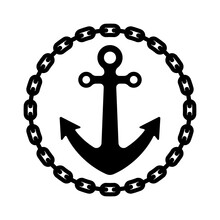 Ship Anchor And Round Chain Icon. Black Silhouette. Front View. Vector Simple Flat Graphic Illustration. Isolated Object On A White Background. Isolate.