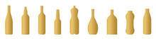 Set Of Golden Bottles: Wine, Vodka, Beer, Water, Milk, Liqueur- Vector Illustration