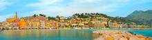 panoramic view on old part of Menton, Provence-Alpes-Cote d'Azur, France. tourist attraction, travel guide and sights of city breaks. travelling, landmarks, postcard, on road trip panoramic banner
