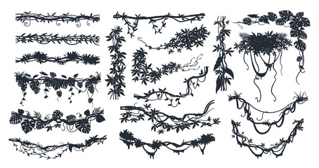 Cartoon jungle lianas branches silhouette, tropical forest climbing sprouts. Rainforest garden hanging liana vines elements vector illustration set. Liana plants black silhouettes