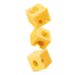 Wall Mural - Three delicious cheese cubes, isolated on white background