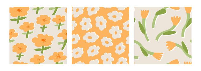 Set of floral seamless patterns with abstract cut out flowers in retro style. Botanical blossom vector backgrounds with orange daisy flowers and tulips. Stylized contemporary backdrop.