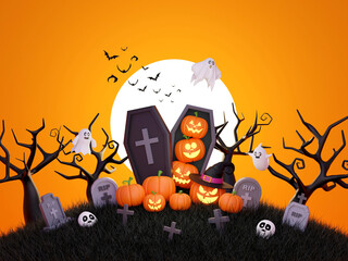 Wall Mural - Happy Halloween, Jack O Lantern in the cemetery on a full moon night, 3d illustration